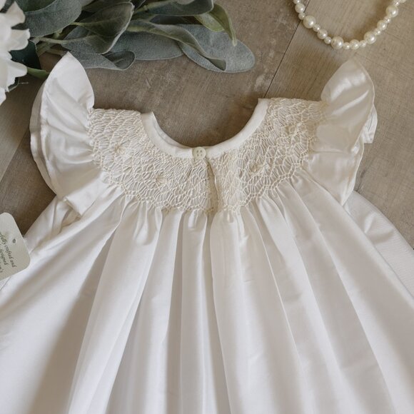 Ivory Smocked Designer Bishop Dress Baby Flower Girl Portrait Special Occasion - Picture 4 of 5